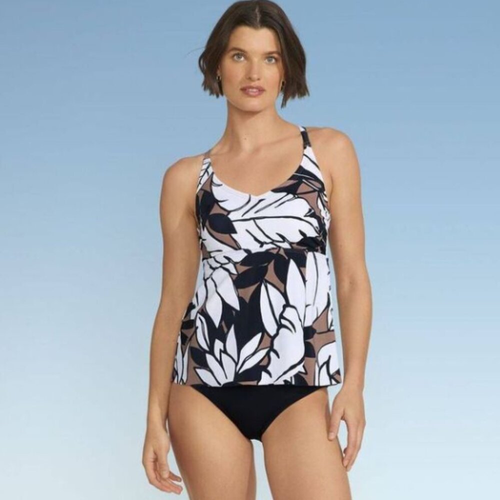 NWT Lands' End -  Women's V-Neck Fly-Away Tankini Top - M Black, Brown, & White